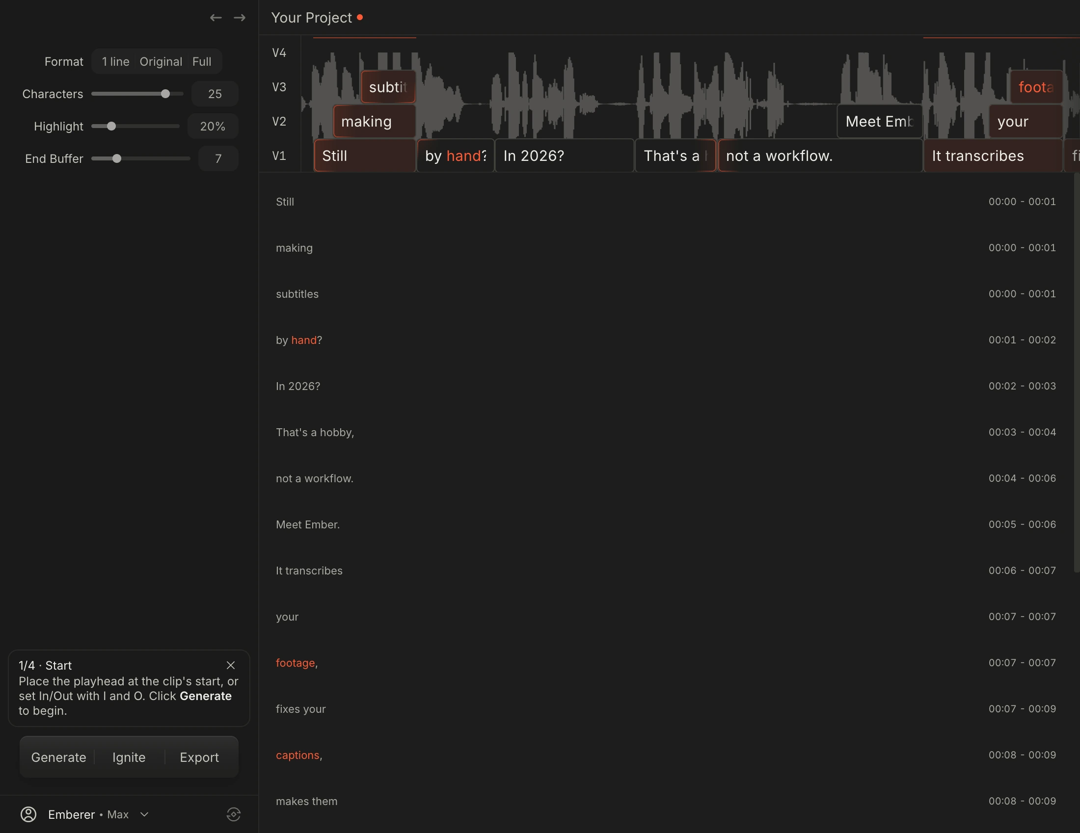 Ember's subtitle editing interface